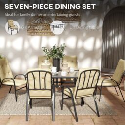 OUTSUNNY 7 PCs Garden Dining Set w/ Umbrella Hole & Cushion in Beige - thumbnail 5