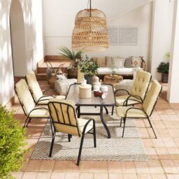 OUTSUNNY 7 PCs Garden Dining Set w/ Umbrella Hole & Cushion in Beige - thumbnail 7