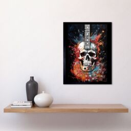 "Artery8 Wall Art Print Electric Skull Guitar Death Metal Music Concept Splatter Art Modern Acrylic Painting Art Framed in Black - Size: W12"" x H16""" - thumbnail 2