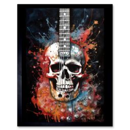 "Artery8 Wall Art Print Electric Skull Guitar Death Metal Music Concept Splatter Art Modern Acrylic Painting Art Framed in Black - Size: W12"" x H16""" - thumbnail 1