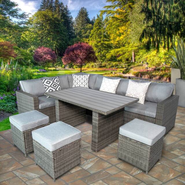 RayGar Venice 7 Seater Rattan Corner Set High Table Outdoor Polyrattan in Grey - Size: 1 Pack