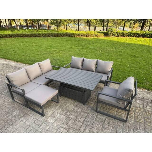 Fimous Aluminum 8-Seater Sofa Dining Set with Lifting Table & Big Footstool in Dark Grey - image 1