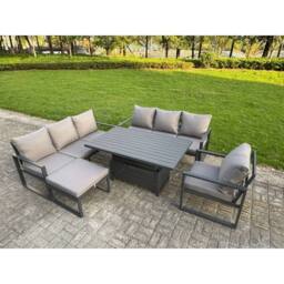 Fimous Aluminum 8-Seater Sofa Dining Set with Lifting Table & Big Footstool in Dark Grey - thumbnail 1