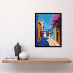 "Artery8 Santorini Seaside Coastal Town Painting Colourful Framed Art Print - Size: W12"" x H16""" - thumbnail 4