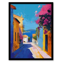"Artery8 Santorini Seaside Coastal Town Painting Colourful Framed Art Print - Size: W12"" x H16""" - thumbnail 1