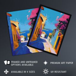 "Artery8 Santorini Seaside Coastal Town Painting Colourful Framed Art Print - Size: W12"" x H16""" - thumbnail 2