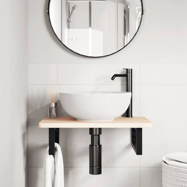Berkfield Home Elegant Basin Shelf Wall Mounted Steel & Solid Wood Oak in Natural - image 1