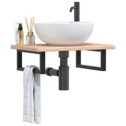 Berkfield Home Elegant Basin Shelf Wall Mounted Steel & Solid Wood Oak in Natural - thumbnail 2