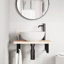 Berkfield Home Elegant Basin Shelf Wall Mounted Steel & Solid Wood Oak in Natural - thumbnail 1