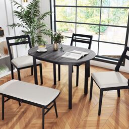 Gymax 110CM Wooden Dining Table for 4-6 People Oval Kitchen Table-Black in Black - thumbnail 5