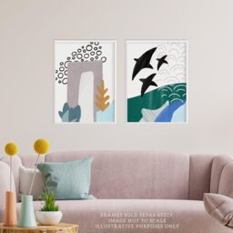 Wee Blue Coo Pack of 2 Abstract Underwater Aquatic Landscape Flying Fish Pastel Colour Naive Unframed Wall Art Living Room Prints Set - thumbnail 2