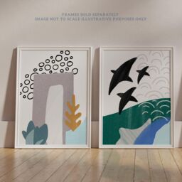 Wee Blue Coo Pack of 2 Abstract Underwater Aquatic Landscape Flying Fish Pastel Colour Naive Unframed Wall Art Living Room Prints Set - thumbnail 6