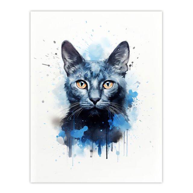 "Artery8 Wall Art Print Russian Blue Cat Lovers Gift Watercolour Pet Portrait Painting Artwork Poster - Size: W24"" x H32""" - image 1