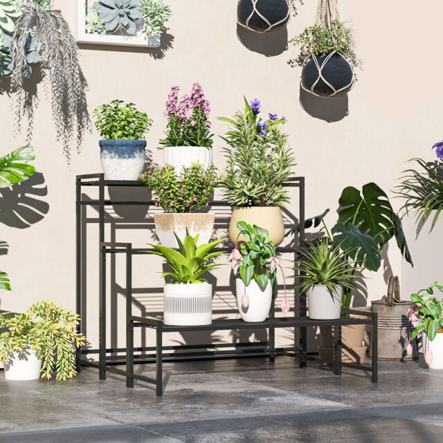 OUTSUNNY 3-Tier Metal Plant Stand, Modern Ladder Shelf for Garden, Black - image 1