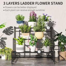 OUTSUNNY 3-Tier Metal Plant Stand, Modern Ladder Shelf for Garden, Black - thumbnail 4