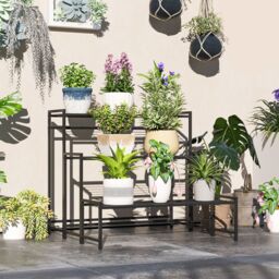 OUTSUNNY 3-Tier Metal Plant Stand, Modern Ladder Shelf for Garden, Black - thumbnail 1