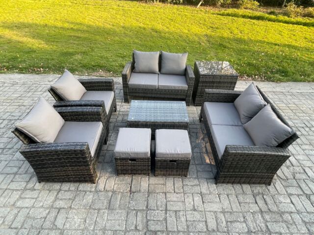 Fimous Garden Furniture Sets 8 Pieces Outdoor Rattan Furniture Manual Wicker Patio Sofa Chair Set with Coffee Table Side Table in Dark Grey