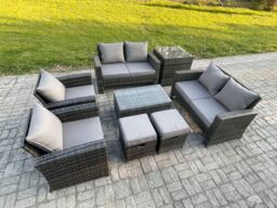 Fimous Garden Furniture Sets 8 Pieces Outdoor Rattan Furniture Manual Wicker Patio Sofa Chair Set with Coffee Table Side Table in Dark Grey - thumbnail 2