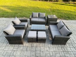 Fimous Garden Furniture Sets 8 Pieces Outdoor Rattan Furniture Manual Wicker Patio Sofa Chair Set with Coffee Table Side Table in Dark Grey - thumbnail 1