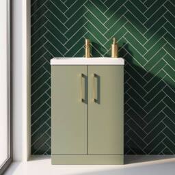 Balterley Bathroom Vanity Basin Unit, Brushed Brass Handles, 600mm, Satin Green - thumbnail 4