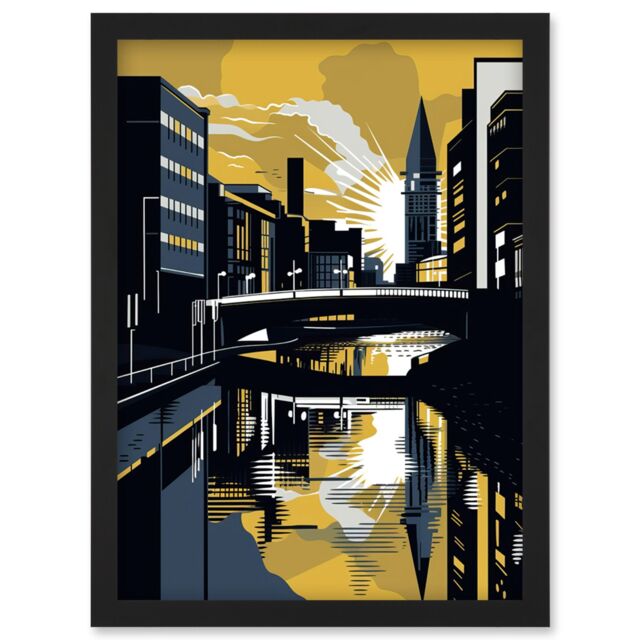 Artery8 Glasgow Scotland River Cityscape Sunrise Geometric Artwork Framed Wall Art Print A4 in Black - image 1