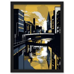 Artery8 Glasgow Scotland River Cityscape Sunrise Geometric Artwork Framed Wall Art Print A4 in Black - thumbnail 1