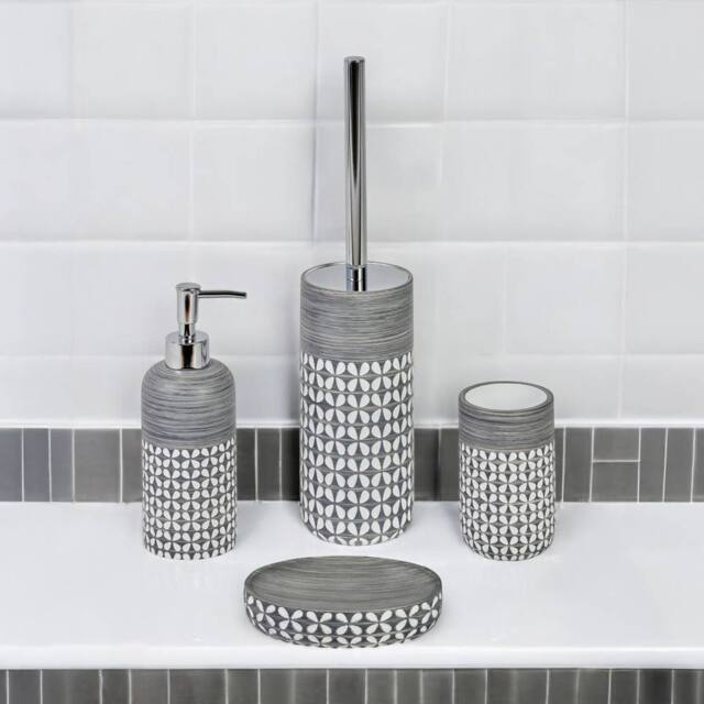 Showerdrape Ravello Geo Floral Grey & White 4 Piece Bathroom Accessory Set - image 1