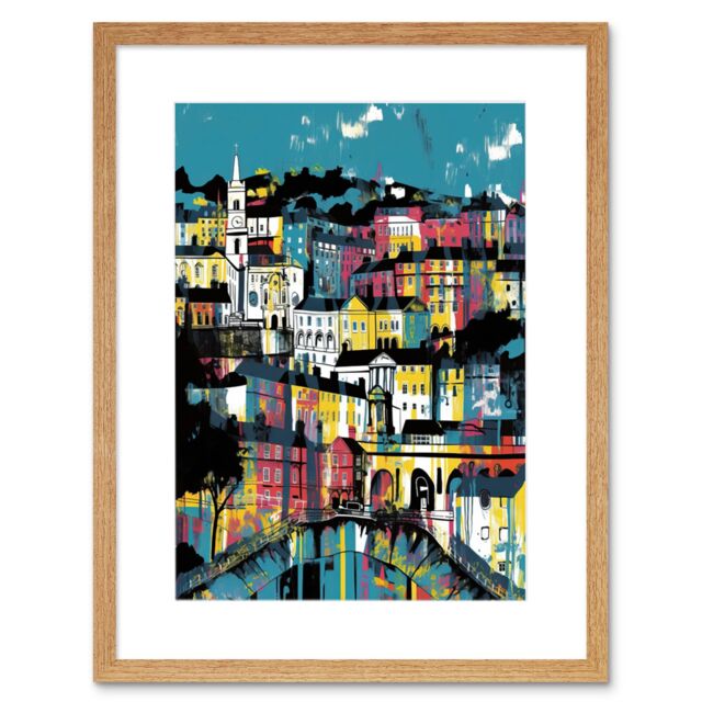 "Artery8 Wall Art Print Modern Vertical Cityscape in Blue Pink & Yellow Artwork Framed 9X7 Inch in Beige - Size: W7"" x H9""" - image 1