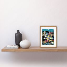 "Artery8 Wall Art Print Modern Vertical Cityscape in Blue Pink & Yellow Artwork Framed 9X7 Inch in Beige - Size: W7"" x H9""" - thumbnail 2