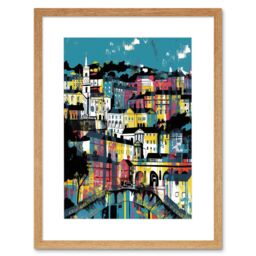 "Artery8 Wall Art Print Modern Vertical Cityscape in Blue Pink & Yellow Artwork Framed 9X7 Inch in Beige - Size: W7"" x H9""" - thumbnail 1
