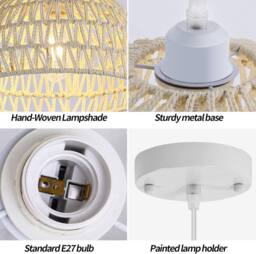 COMELY Pendant Ceiling Light, Handmade Braided Rattan Chandelier E27, White - thumbnail 9