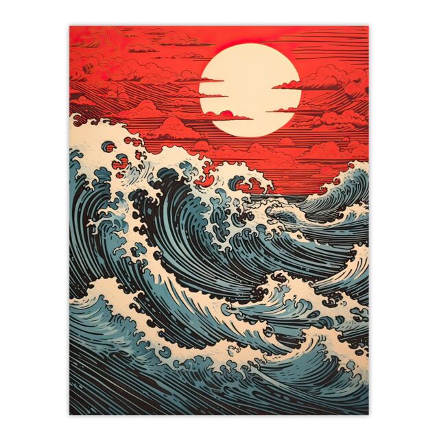 "Artery8 Wall Art Print Red Sunset Clouds & Storm Great Wave Off-Kanagawa Poster - Size: W18"" x H24""" - image 1