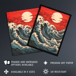 "Artery8 Wall Art Print Red Sunset Clouds & Storm Great Wave Off-Kanagawa Poster - Size: W18"" x H24""" - thumbnail 2