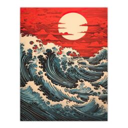"Artery8 Wall Art Print Red Sunset Clouds & Storm Great Wave Off-Kanagawa Poster - Size: W18"" x H24""" - thumbnail 1