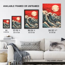 "Artery8 Wall Art Print Red Sunset Clouds & Storm Great Wave Off-Kanagawa Poster - Size: W18"" x H24""" - thumbnail 3