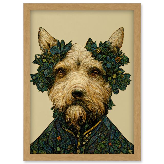 Artery8 Cute Fun Westie Dog Vintage William Morris Style Artwork Framed Wall Art Print A4 in Light Oak - image 1