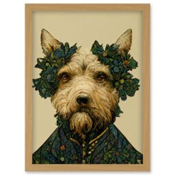 Artery8 Cute Fun Westie Dog Vintage William Morris Style Artwork Framed Wall Art Print A4 in Light Oak - thumbnail 1