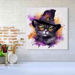 "Warren Reed - Designer Splashart Longhaired Witches Cat Canvas - Size: W16"" x H16""" - thumbnail 1