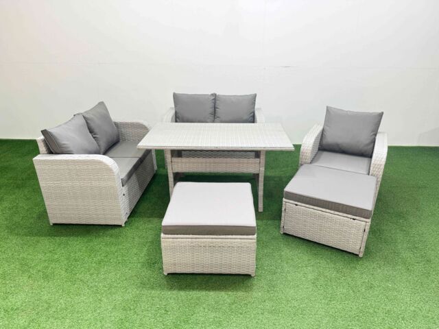 Fimous High Back Poly Rattan Garden Furniture Set w/ Reclining Chair Loveseat Sofa Rectangular Dining Table Indoor Outdoor Patio Set 2 Big Stool - image 1