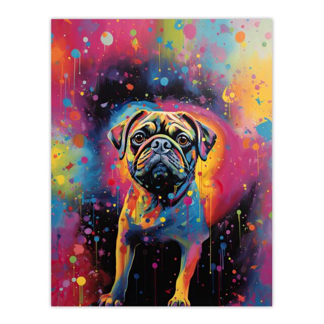 "Artery8 Wall Art Print Pug Dog Lover Gift Pet Portrait Colourful Neon Artwork Painting Poster - Size: W18"" x H24""" - image 1