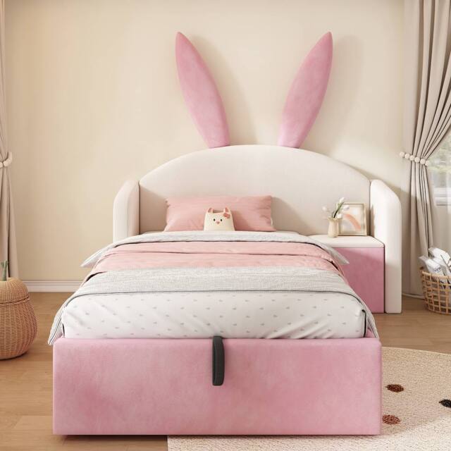 Merax 3ft Bunny Ears Kids Ottoman Bed with Nightstand for Childs 90 x 190 cm - Size: Single - image 1