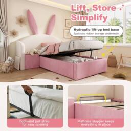 Merax 3ft Bunny Ears Kids Ottoman Bed with Nightstand for Childs 90 x 190 cm - Size: Single - thumbnail 6