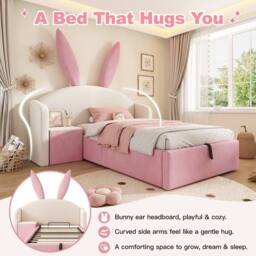 Merax 3ft Bunny Ears Kids Ottoman Bed with Nightstand for Childs 90 x 190 cm - Size: Single - thumbnail 3