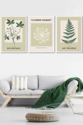 ARTZE Set of 3 White Framed Vintage Graphical Green Botanical Wall Art in Light Green - Size: W33 cm x H45 cm x D20mm - thumbnail 1