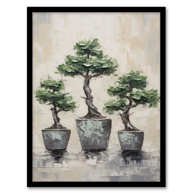 Artery8 My 3 Bonsai Trees Oil Painting Pallet Knife Neutral Tone Textured Tree Artwork Art Print Framed Poster Wall Decor in Black - Size: A4 - image 1