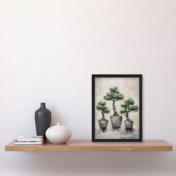 Artery8 My 3 Bonsai Trees Oil Painting Pallet Knife Neutral Tone Textured Tree Artwork Art Print Framed Poster Wall Decor in Black - Size: A4 - thumbnail 4