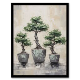 Artery8 My 3 Bonsai Trees Oil Painting Pallet Knife Neutral Tone Textured Tree Artwork Art Print Framed Poster Wall Decor in Black - Size: A4 - thumbnail 1