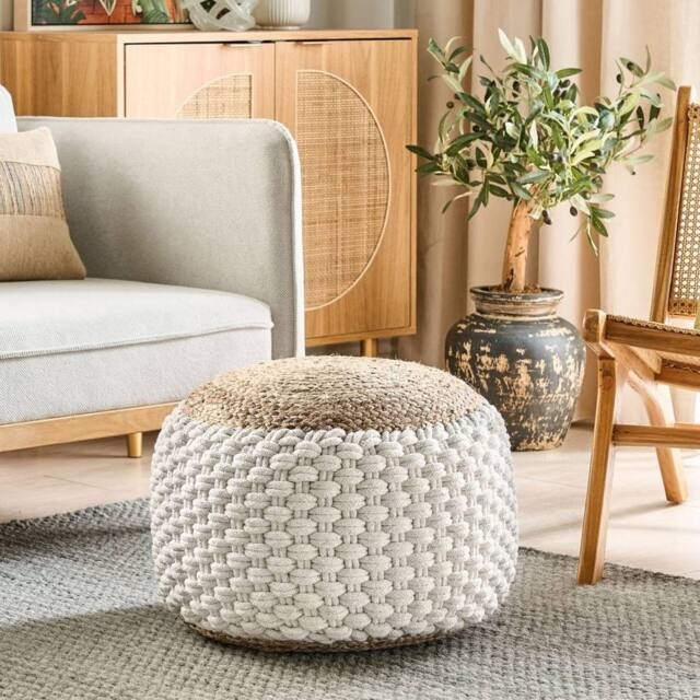Wyld and Coco Round Knitted Pouf White-Beige Cotton-Jute 50 x 35 cm in White - image 1
