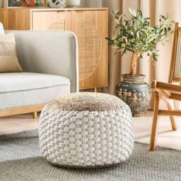 Wyld and Coco Round Knitted Pouf White-Beige Cotton-Jute 50 x 35 cm in White