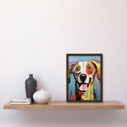 Artery8 Wall Art Print Colourful Dog Portrait Artwork by Jason Brydson Happy Face Oil Painting Bold Bright Vibrant Artwork Framed A4 in Brown - thumbnail 2